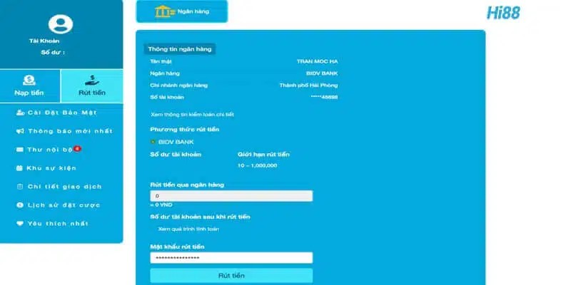 Rút tiền HI88 qua hình thức ngân hàng